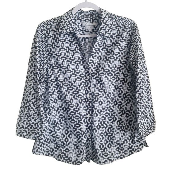 Foxcroft Easy Care Geometric Button Up Shirt Womens Large White Black 3/4 Sleeve - Picture 1 of 9